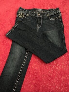 Dark Wash Flare Jeans with Contrast Stitching - Black